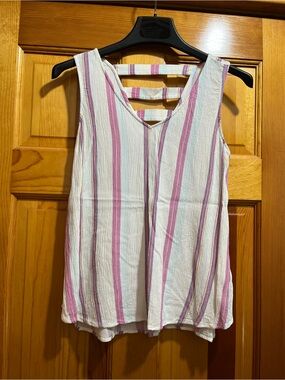 a.n.a Pink and White Striped V-Neck Ladder Back Tank Top